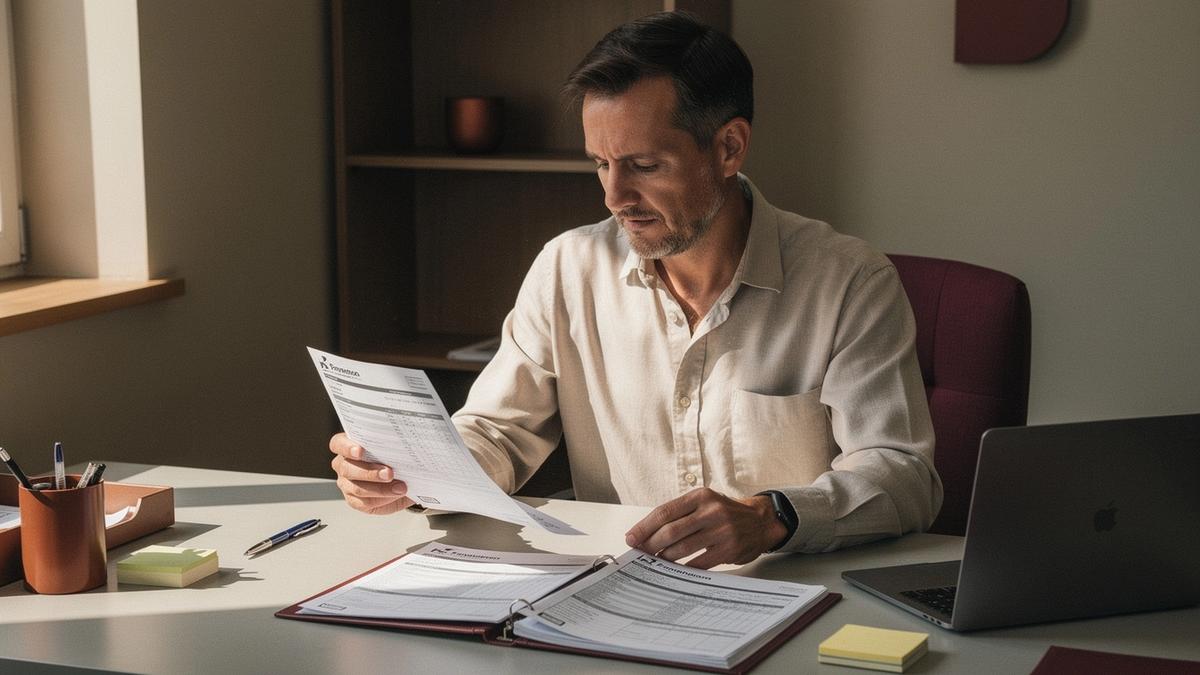 Advisor reviewing vehicle documentation at a desk with a folder of inspection reports