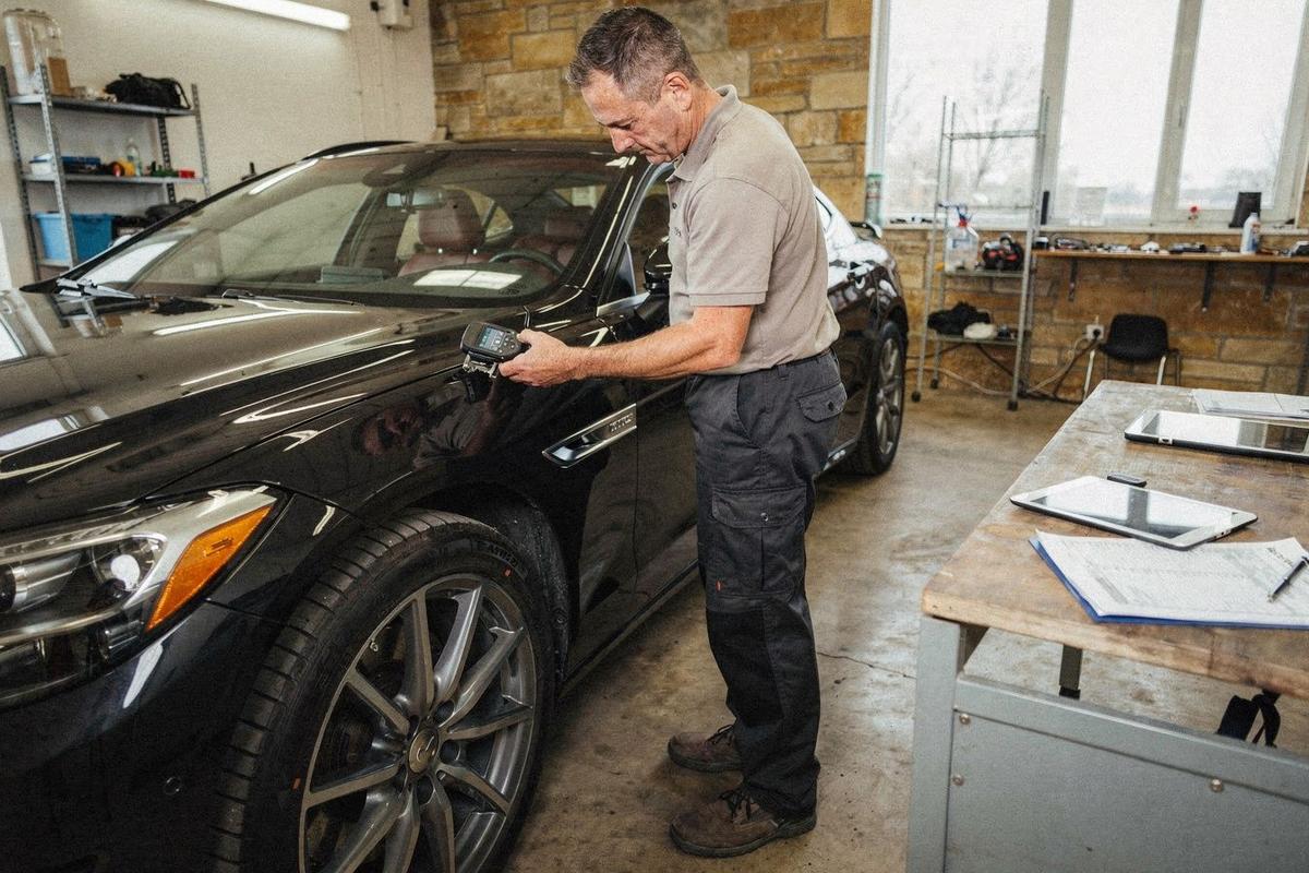 Inspector measuring paint depth on a used luxury sedan inside a workshop