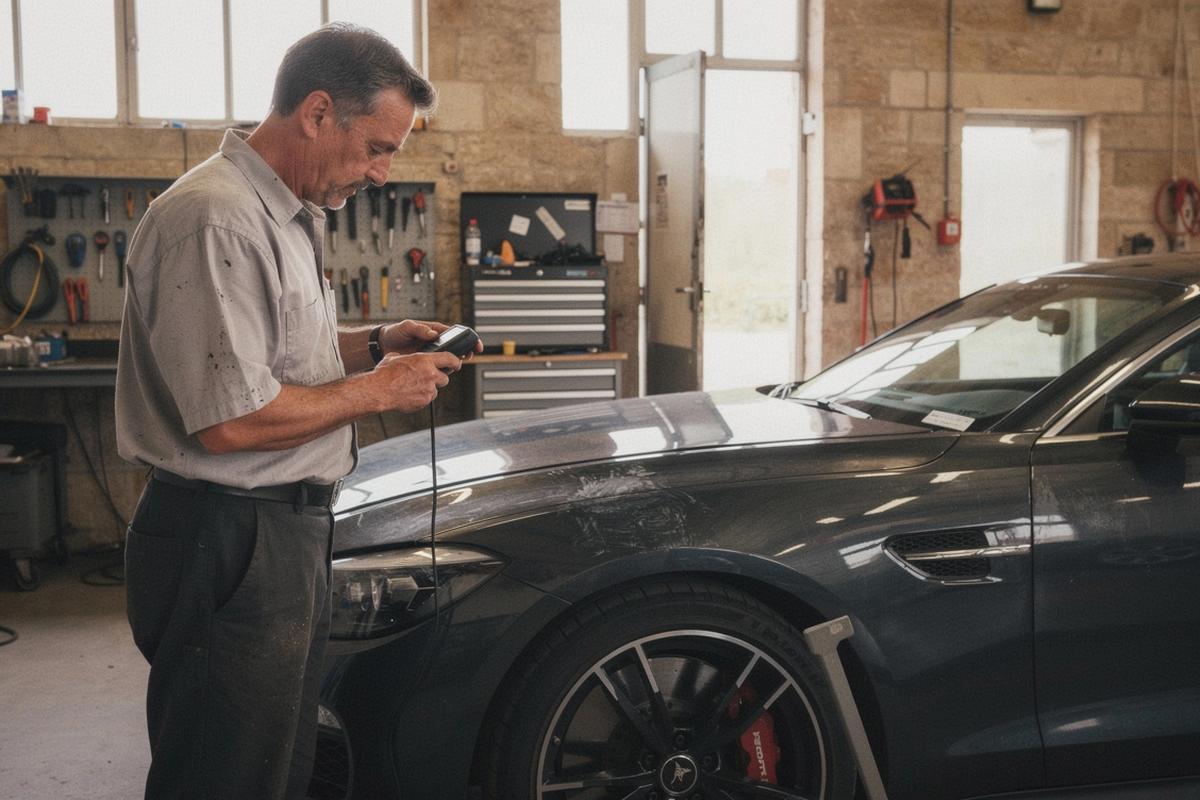 Independent engineer inspecting the paint and bodywork of a luxury coupe during a pre-purchase check